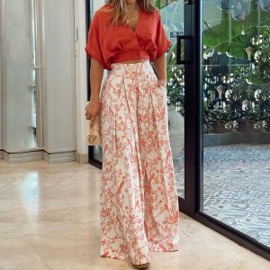 V-neck printed wide-leg pants fashion suit