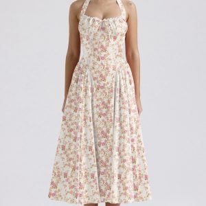 Fashionable printed halter neck lace dress