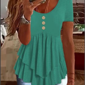 Fashionable three button casual solid color short sleeved dress