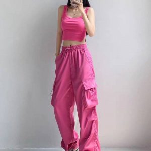 Pink Ice Silk Quick-Drying Cargo Pants