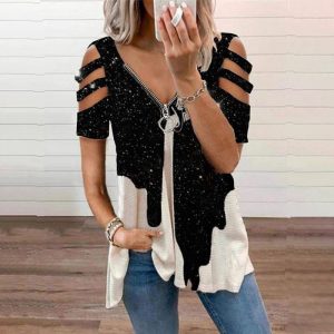 V-neck zipper pullover printed short sleeved shirt