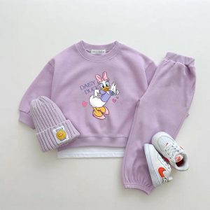 Disney Girls Costume Long-sleeved Sweatshirts+Pants Autumn Wear Child New Fashion Crewneck Hoodies Solid Color Trousers 2pcs