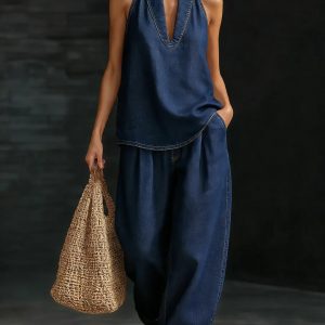 denim top with wide-leg jeans