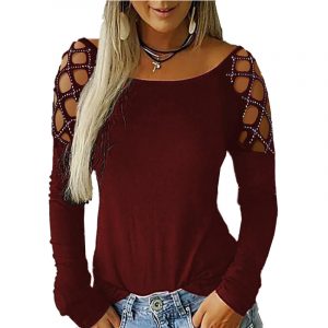 Round neck rhinestone hollow out long sleeved shirt