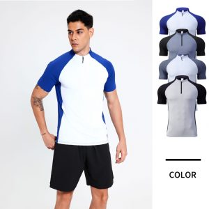 Stand-up collar, half-zip, highly elastic, breathable, casual and versatile short-sleeved T-shirt for outdoor sports, quick-drying, training, fitness and running