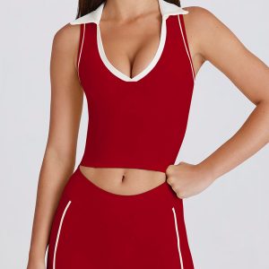 Sleeveless V-neck Pilates fitness top vest with chest pad, color-block lapel yoga suit set