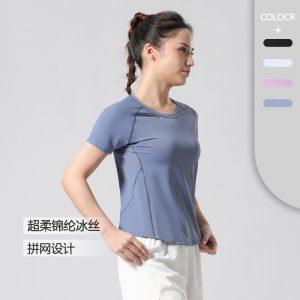 Women's Summer Nylon Ice Silk High Elastic Slim-Fit Quick-Dry Running Tops, Fitness Sports Short-Sleeve Breathable Crew Neck T-Shirts with Sweat-Wicking Function