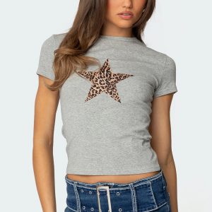 Fold up leopard print round neck short sleeved shirt