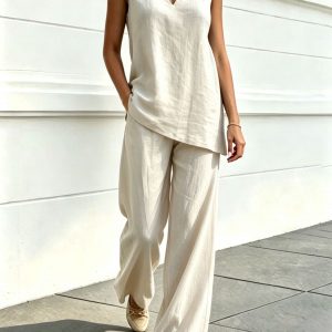 Sleeveless cotton-linen top and wide-leg pants two-piece set
