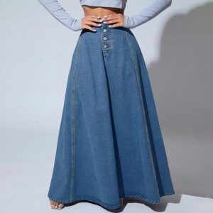 Single-breasted Denim Skirt Women's Vintage Elegant Large Flared A-line Skirt