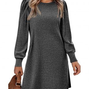 Women's Fall Winter Midi Dress with Long Sleeves and Round Neck