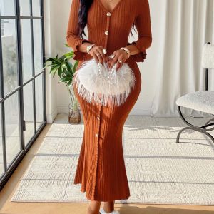 Women's Sexy V-Neck Flared Sleeve Dress Button Placket Knit Slim Dress
