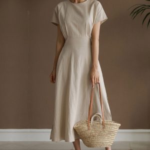 Custom Women Linen Dress 100% Natural Linen Short Sleeve O-neck