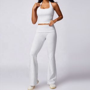 Recycled Breathable Halter Sports Bra Tank Top Fold Waistband