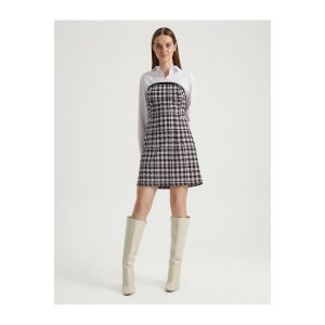 Faux Leather Dress with Detailed Checkered Pattern Long Sleeve