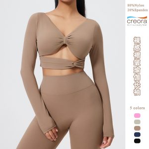 Long-sleeve sports bra with beautiful back design, detachable, tight-fitting yoga top for outdoor sports, running and fitness