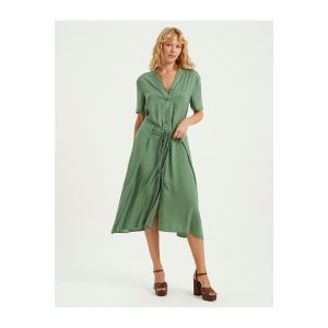 Casual Tie Detail Viscose Belted Unlined Shirt Dress