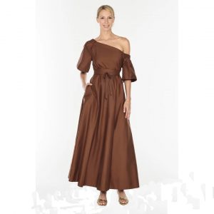 Women's Casual Brown One Shoulder Cotton Flowing A-Line Maxi Dress