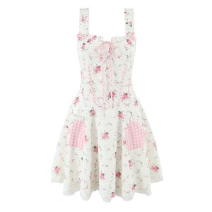 White Color Floral Print Front Lace up Button up Casual Fashion Cute