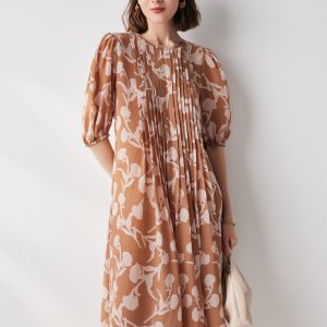 Summer Women's Elegant V-neck Floral Printed Chiffon Knee-Length