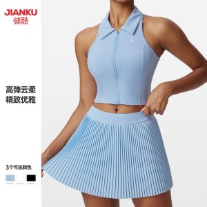 Casual fitness outfit, casual and breathable sports short-sleeve shirt with fixed cups, outdoor golf and tennis skirt set