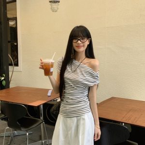Striped off-shoulder asymmetrical neck short-sleeved T-shirt for women