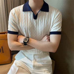 Men's Summer Ice Silk Breathable Jacquard Lapel Short Sleeve Knit