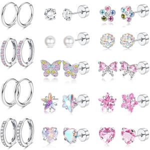 Surgical Steel Stud Hoop Earring Cute Flower Butterfly Heart CZ Flat Back Earrings