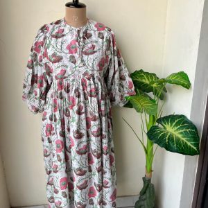 White Colorful Floral Print Handmade Midi Cotton Dress For Women's