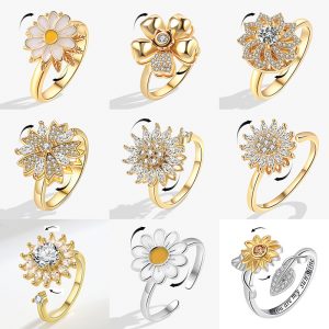 Fashion Fidget Spinner Ring Anxiety for Women Multiple Crystal Sunflower Finger Rings