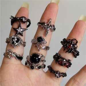 Kpop Gothic Y2K Kpop Irregular Punk Vintage Heart Star Cross Ring