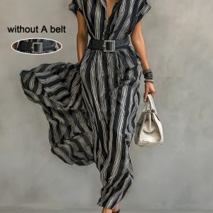 Short-sleeved striped shirt dress