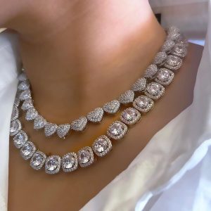 Bling Luxury Paved Crystal Heart Cuban Link Chain Necklace for Women