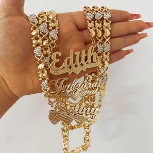 Teddy Bear Chain Name Necklace18K Gold Plated Double Nameplate