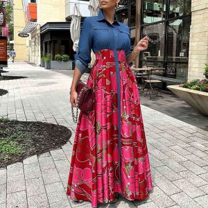 Women's Clothes Lady Elegant Temperament Dresses Women Fashion Casual Denim Stitching