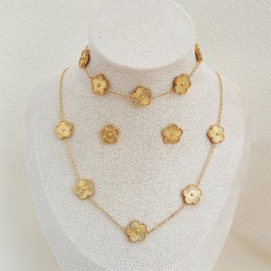 Simple 316L Stainless Steel Flower Five Leaf Necklace Bracelet Earrings