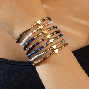 Colorful Rice Beads Bracelet Set For Women Fashion Heart Charm Elastic Beaded Chain