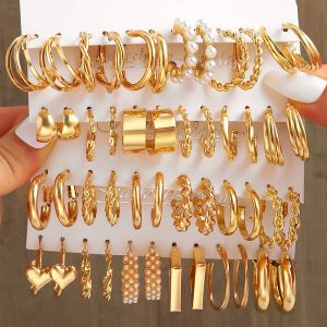 Vintage Gold Color Metal Hoop Earrings for Women Girls Female