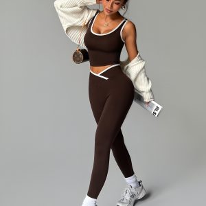 Women Contrast Color 2 Piece Compression Sportswear Fitness Seamless