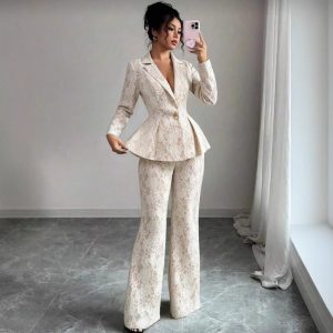 Elegant Lace Cinched Waist Long Sleeve Suit Coat High Waist Set