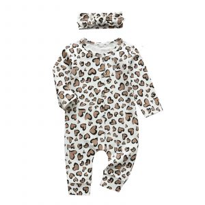 Infant Baby Girls Romper Hearts Print Long Sleeve Jumpsuit with Headband