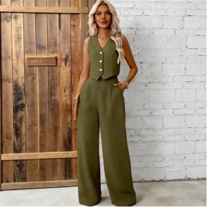 Two-piece Women's  Solid Color Button Vest Trousers Suit