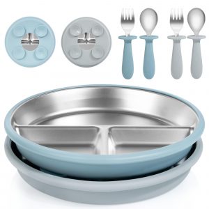 Baby Feeding Set 8in Stainless Steel Divided Plate