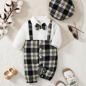 Newborn Literary Style Boy Baby Lapel False Strap Black Plaid Color Matching Jumpsuit Long Sleeve Button Cardigan Pantyband Hat