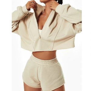 Tracksuit Ladies Activewear Sets Women Cropped Top 1/4 Zip Pullover
