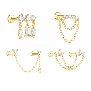 S925 Solid Silver Geometric Tassel Chain Zircon Screw Flat Back Piercing Earring