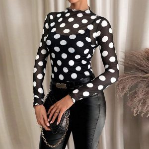 Hollow out perspective long sleeved semi high neck T-shirt