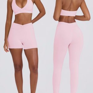 Women's Yoga Suit Set with Hip-lifting, Abdomen-tightening and Slimming Design, Built-in Chest Pad, Running & Fitness Shorts, Halter Sports Bra