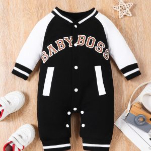 Fashionable letter printed long sleeved round neck cute and personalized baby boy jumpsuit