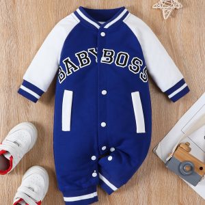 Fashionable letter printed long sleeved round neck cute and personalized baby boy jumpsuit